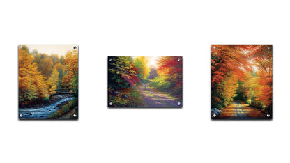 A collection of landscape paintings depicting autumn scenery. Forests of orange, yellow, red, and green trees line roads and rivers beneath white skies. Light trickles down through the leaves in a beautiful dreamlike appearance. Printed on acrylic.