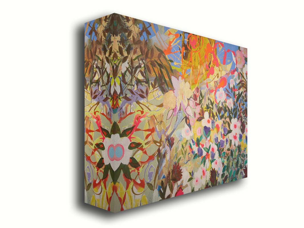 An abstract flower garden utilizing vibrant and bold flat color. Flowers of all shapes, sizes, and colors can be seen against a baby blue sky. Printed on canvas.