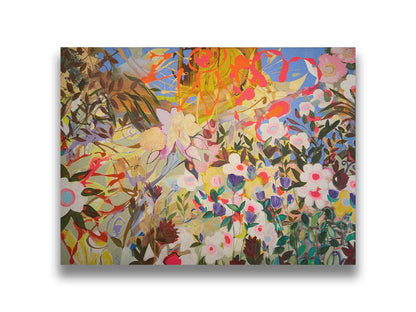 An abstract flower garden utilizing vibrant and bold flat color. Flowers of all shapes, sizes, and colors can be seen against a baby blue sky. Printed on canvas.