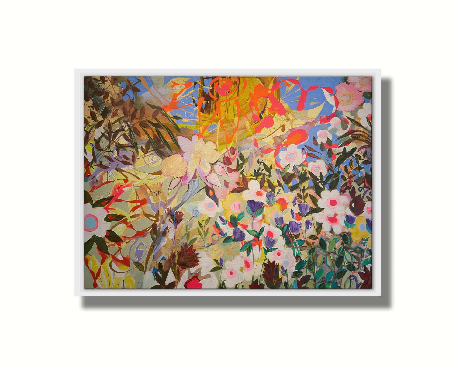 An abstract flower garden utilizing vibrant and bold flat color. Flowers of all shapes, sizes, and colors can be seen against a baby blue sky. Printed on canvas in a float frame.