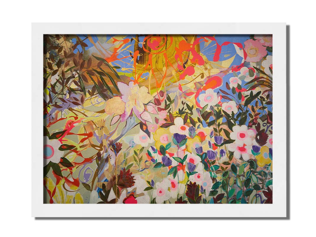 An abstract flower garden utilizing vibrant and bold flat color. Flowers of all shapes, sizes, and colors can be seen against a baby blue sky. Printed on canvas and framed.