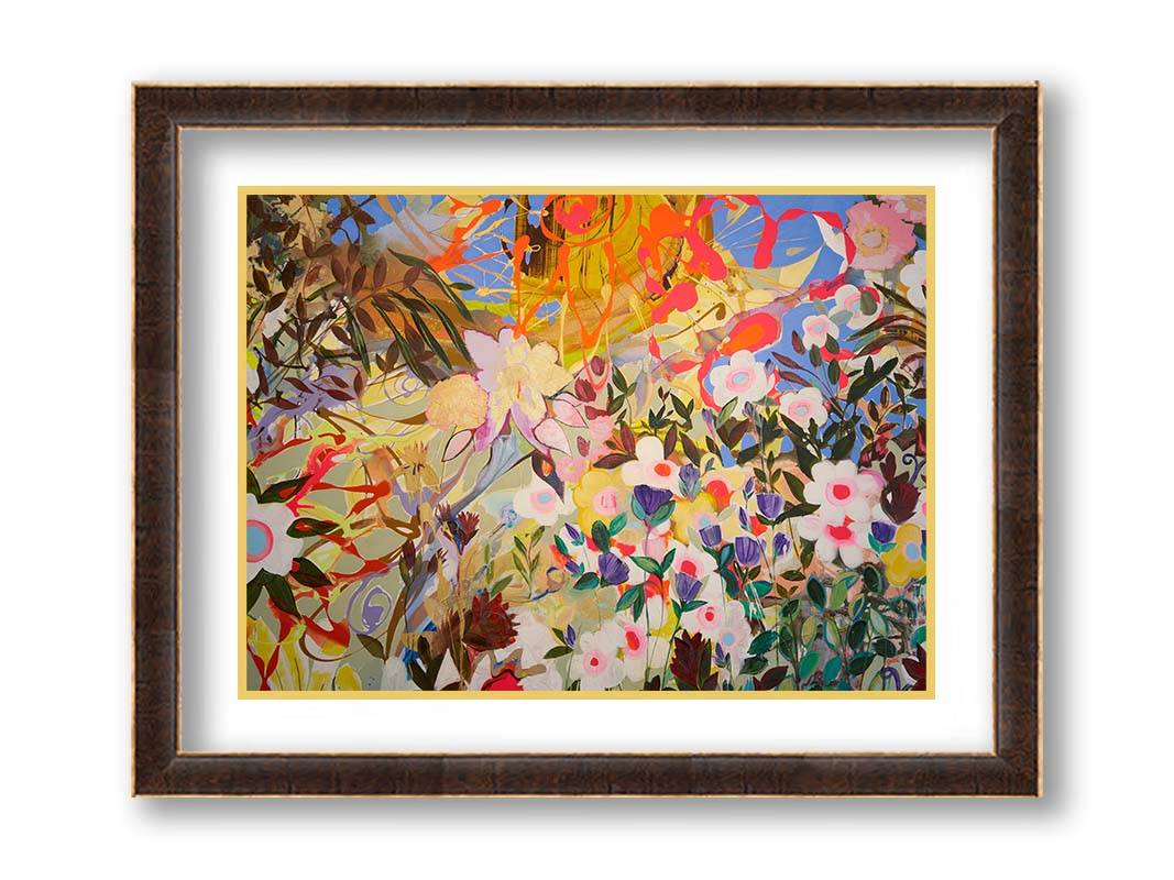 An abstract flower garden utilizing vibrant and bold flat color. Flowers of all shapes, sizes, and colors can be seen against a baby blue sky. Printed on paper, matted, and framed.