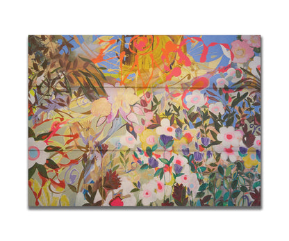 An abstract flower garden utilizing vibrant and bold flat color. Flowers of all shapes, sizes, and colors can be seen against a baby blue sky. Printed on a box board.