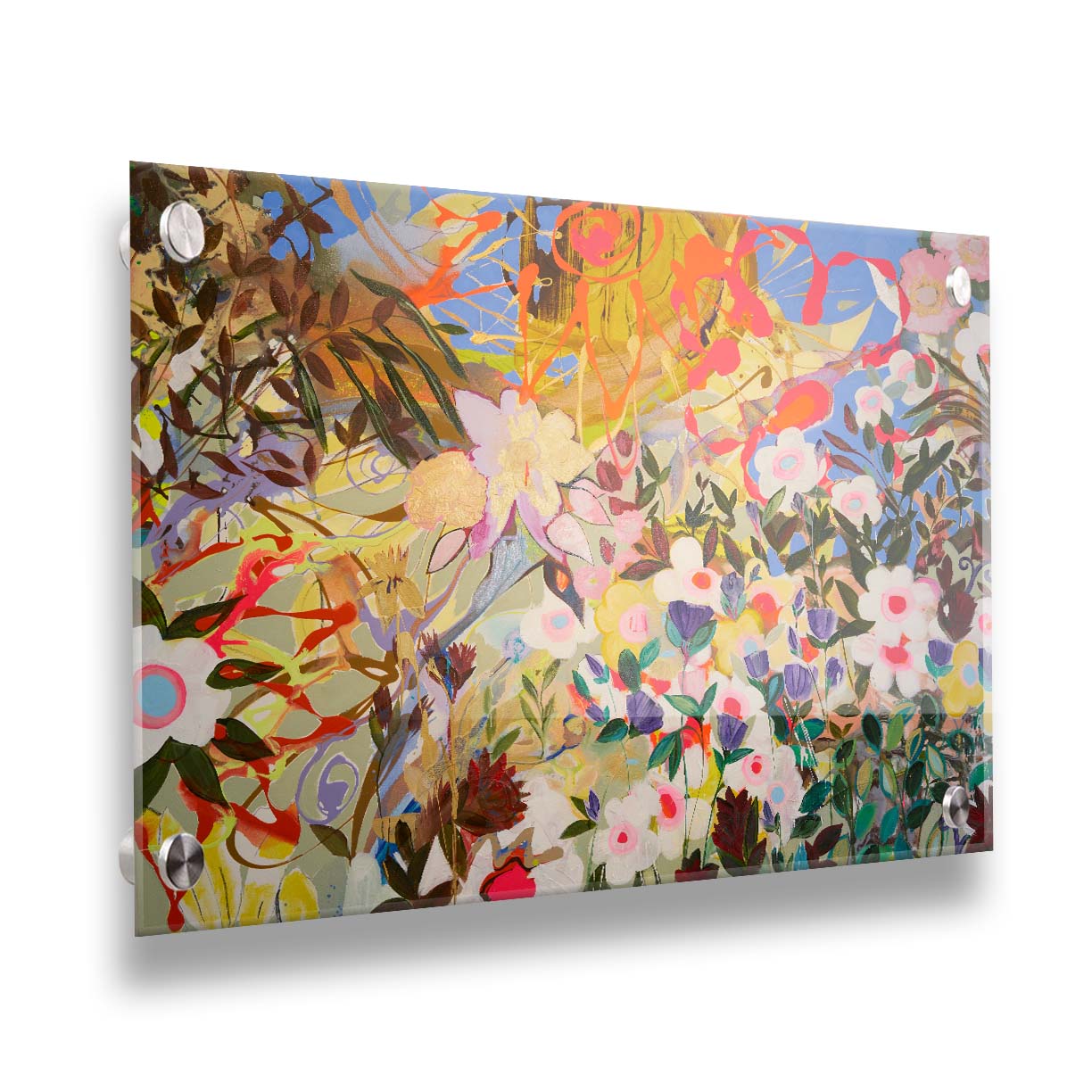 An abstract flower garden utilizing vibrant and bold flat color. Flowers of all shapes, sizes, and colors can be seen against a baby blue sky. Printed on acrylic.