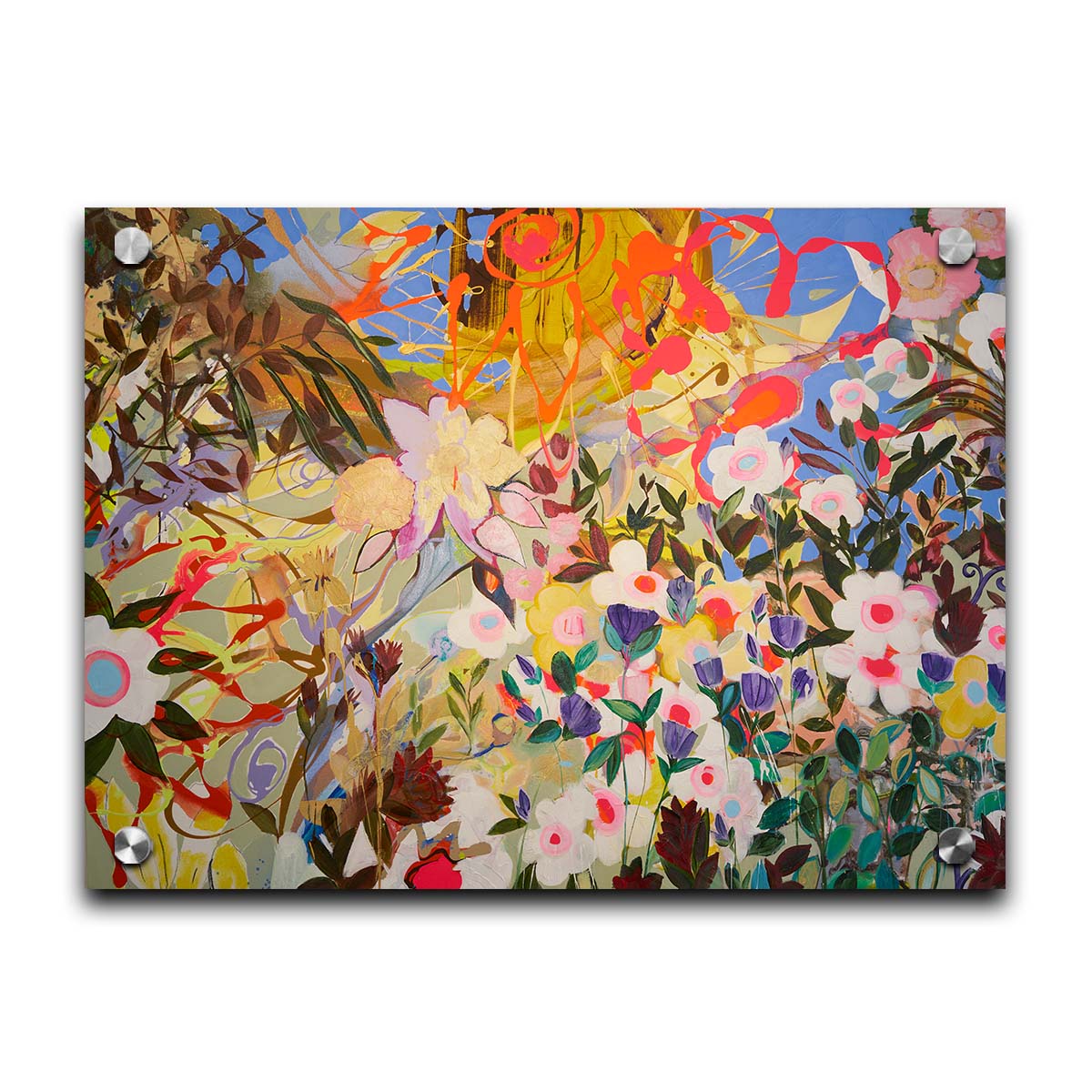 An abstract flower garden utilizing vibrant and bold flat color. Flowers of all shapes, sizes, and colors can be seen against a baby blue sky. Printed on acrylic.