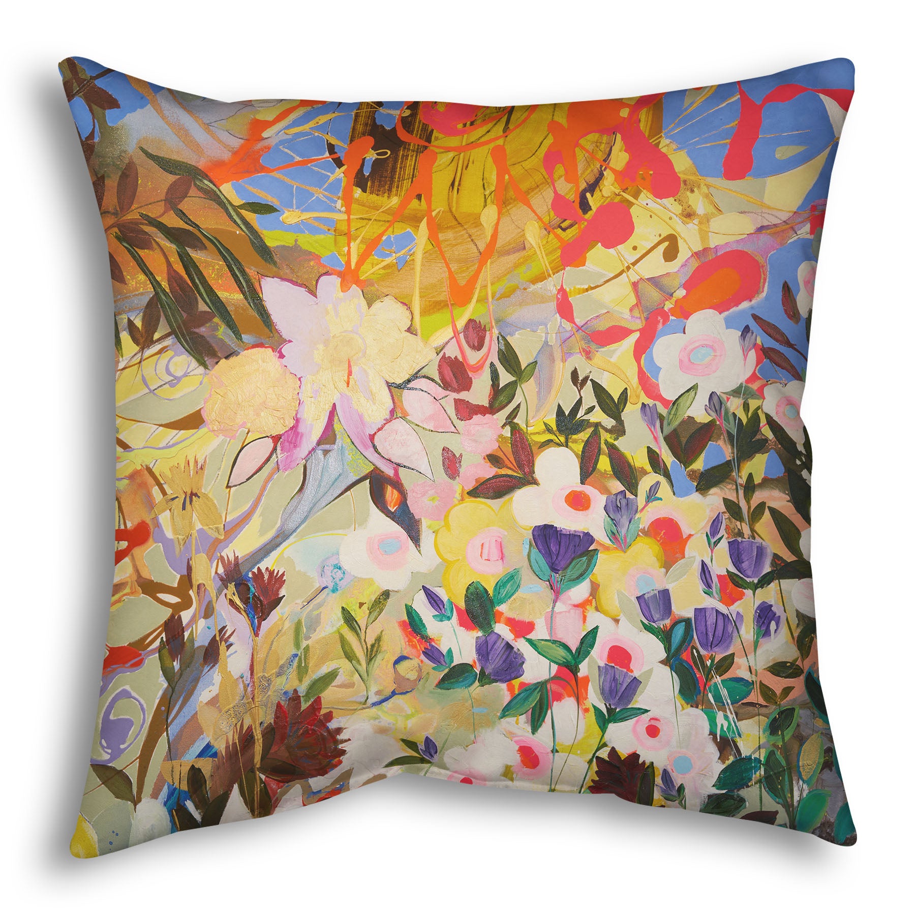 Throw pillow designed with an abstract flower garden utilizing vibrant and bold flat color. Flowers of all shapes, sizes, and colors can be seen against a baby blue sky.