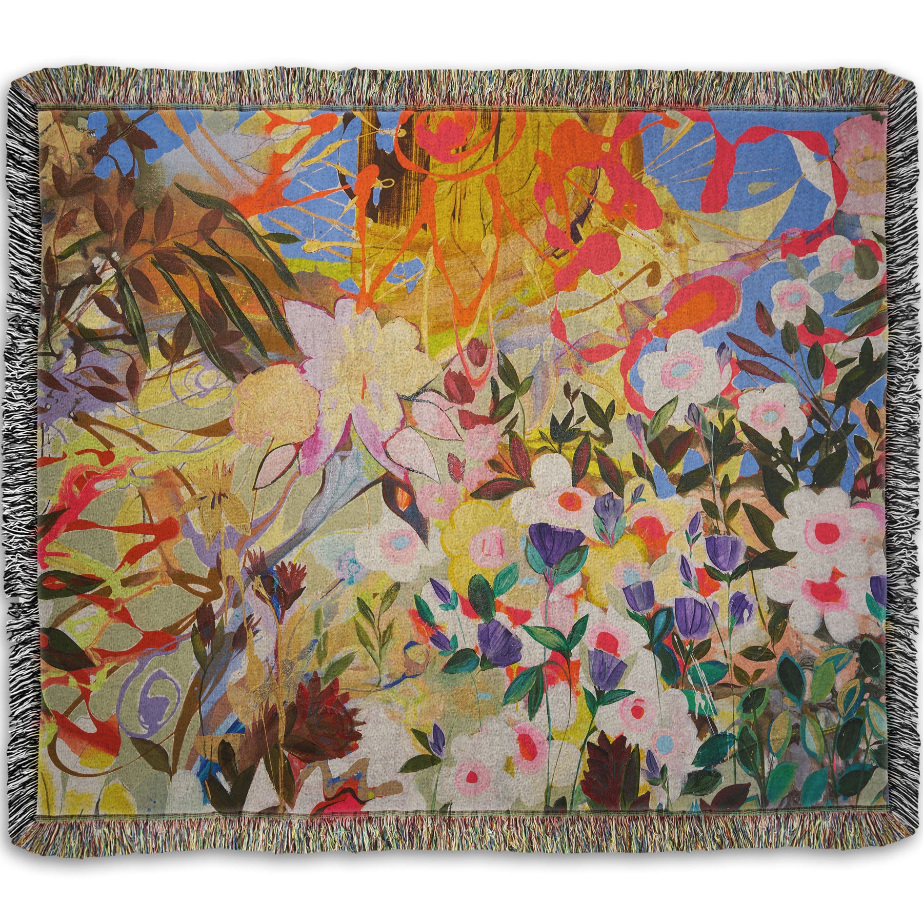 Woven throw blanket designed with an abstract flower garden utilizing vibrant and bold flat color. Flowers of all shapes, sizes, and colors can be seen against a baby blue sky.
