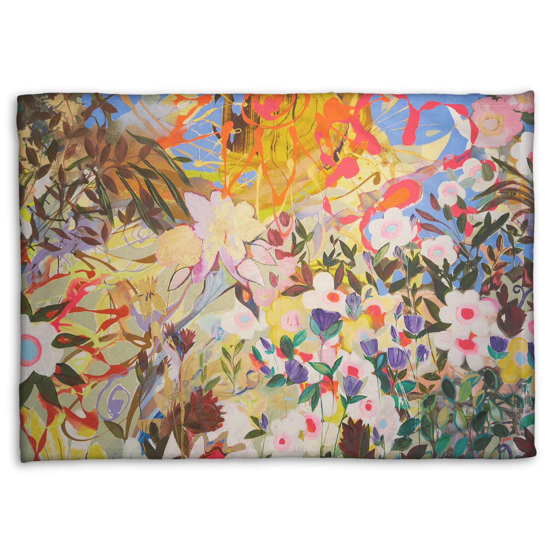 Coral fleece throw blanket designed with an abstract flower garden utilizing vibrant and bold flat color. Flowers of all shapes, sizes, and colors can be seen against a baby blue sky.