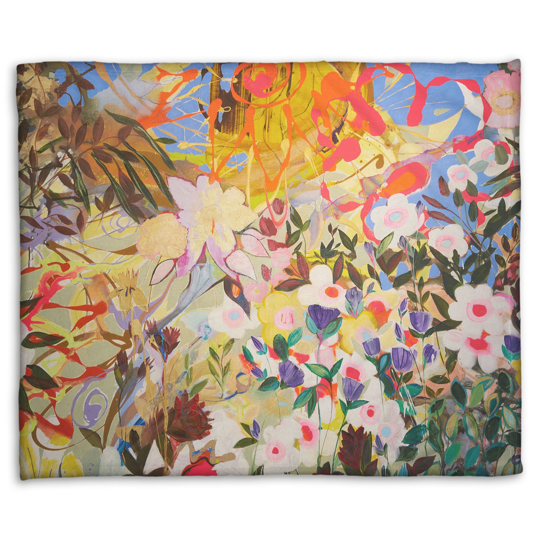Coral fleece throw blanket designed with an abstract flower garden utilizing vibrant and bold flat color. Flowers of all shapes, sizes, and colors can be seen against a baby blue sky.