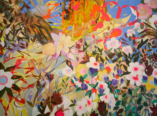 An abstract flower garden utilizing vibrant and bold flat color. Flowers of all shapes, sizes, and colors can be seen against a baby blue sky.