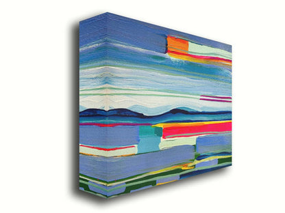 An abstract painting of colorful horizontal lines. The blue and orange are reminiscent of a sun setting over the sea. Printed on canvas.