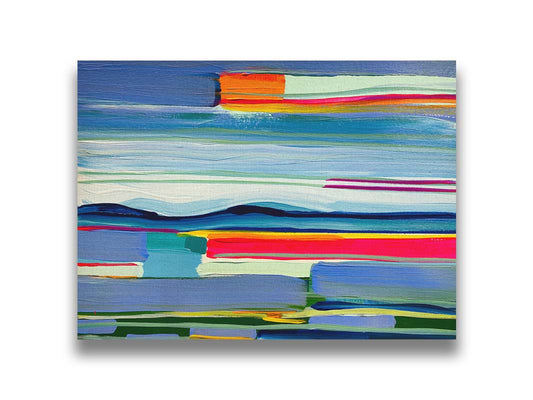 An abstract painting of colorful horizontal lines. The blue and orange are reminiscent of a sun setting over the sea. Printed on canvas.