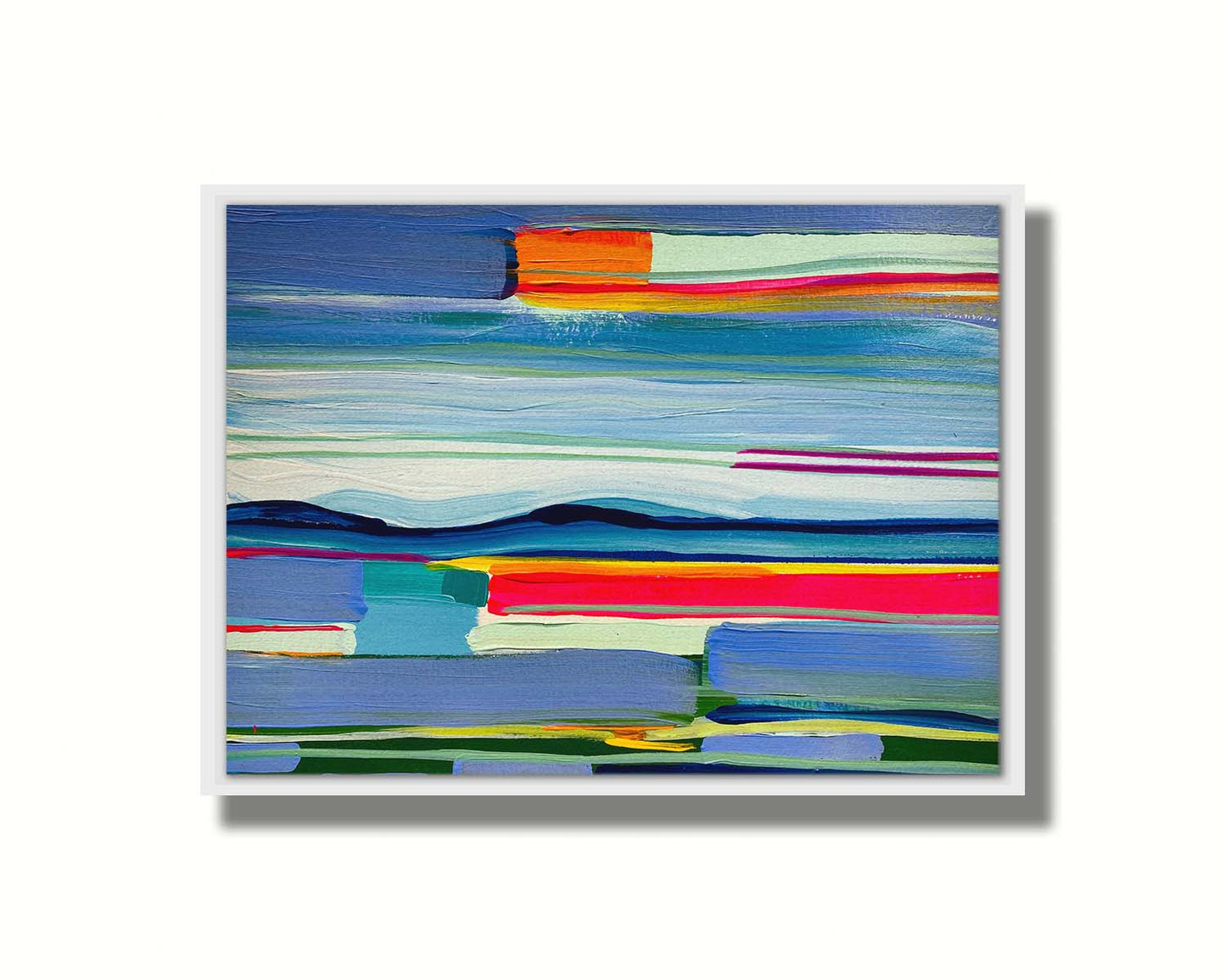 An abstract painting of colorful horizontal lines. The blue and orange are reminiscent of a sun setting over the sea. Printed on canvas in a float frame.