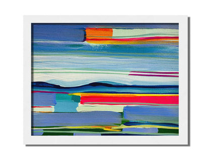 An abstract painting of colorful horizontal lines. The blue and orange are reminiscent of a sun setting over the sea. Printed on canvas and framed.