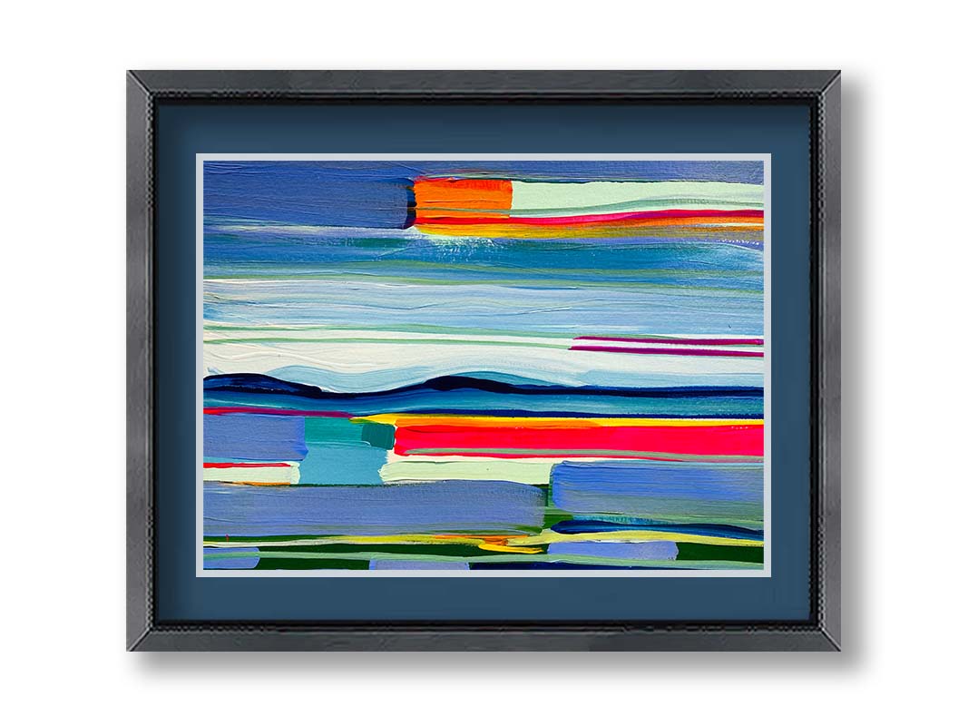 An abstract painting of colorful horizontal lines. The blue and orange are reminiscent of a sun setting over the sea. Printed on paper, matted, and framed.