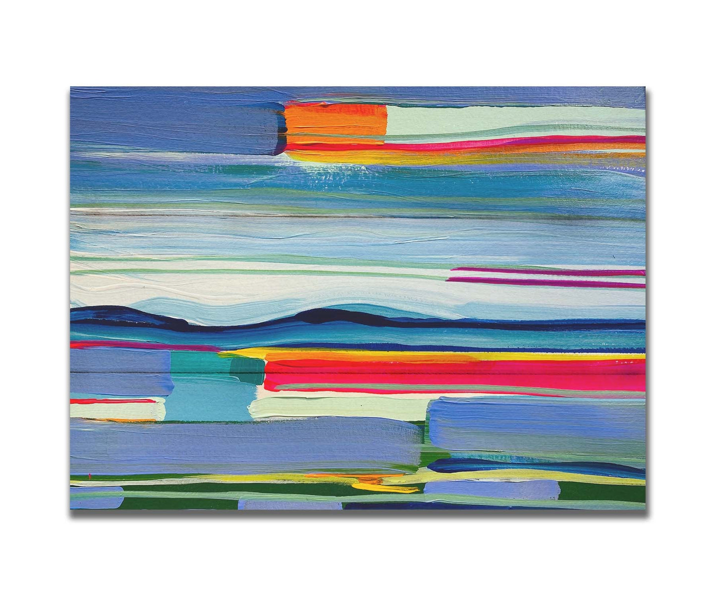 An abstract painting of colorful horizontal lines. The blue and orange are reminiscent of a sun setting over the sea. Printed on a box board.