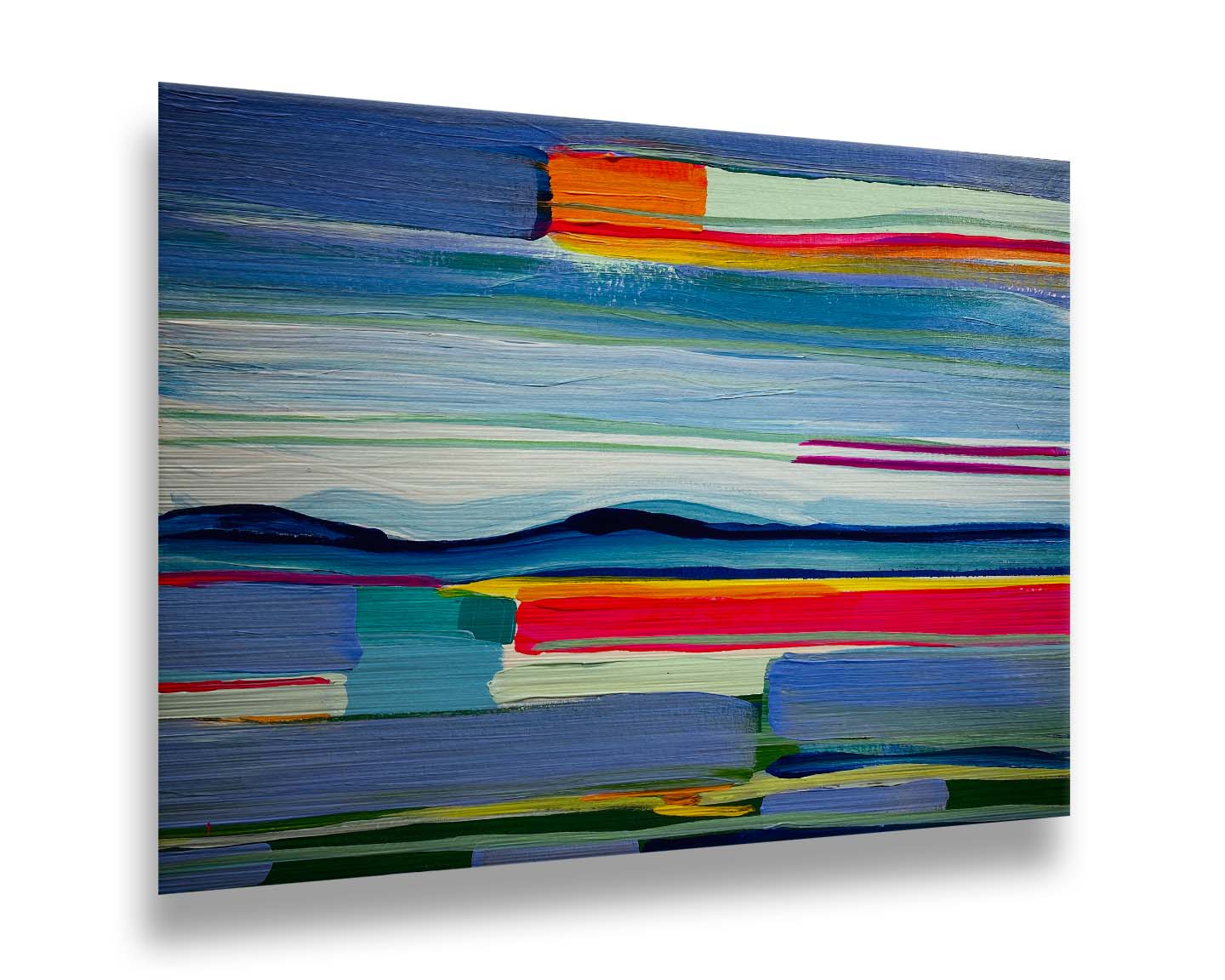 An abstract painting of colorful horizontal lines. The blue and orange are reminiscent of a sun setting over the sea. Printed on metal.