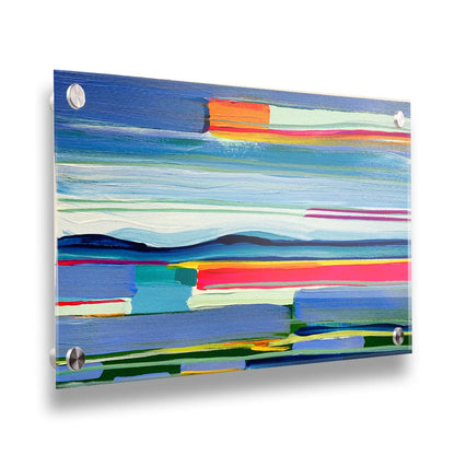 An abstract painting of colorful horizontal lines. The blue and orange are reminiscent of a sun setting over the sea. Printed on acrylic.