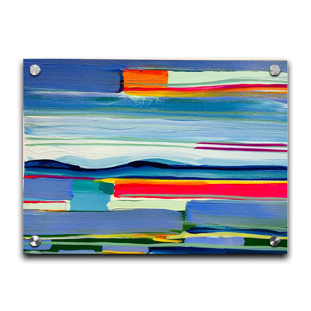 An abstract painting of colorful horizontal lines. The blue and orange are reminiscent of a sun setting over the sea. Printed on acrylic.