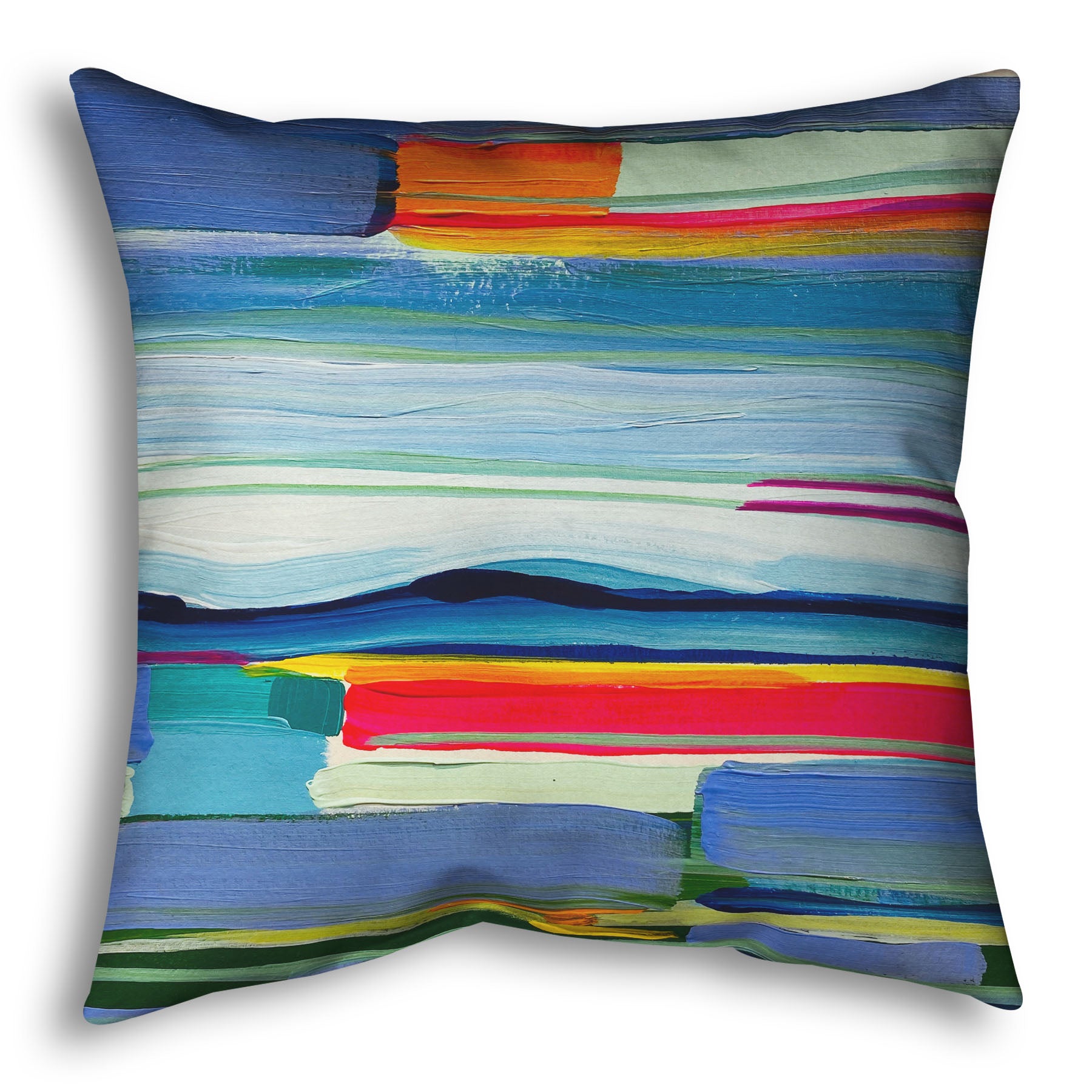 A throw pillow designed with an abstract painting of colorful horizontal lines. The blue and orange are reminiscent of a sun setting over the sea. 