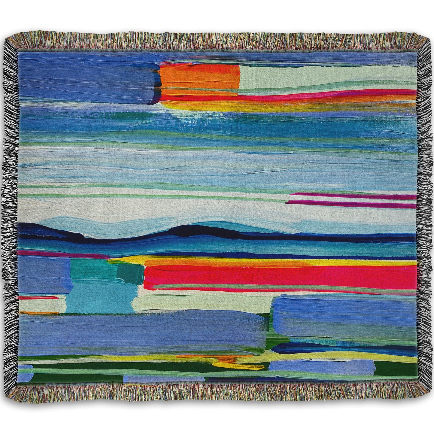 A woven throw blanket designed with an abstract painting of colorful horizontal lines. The blue and orange are reminiscent of a sun setting over the sea. 