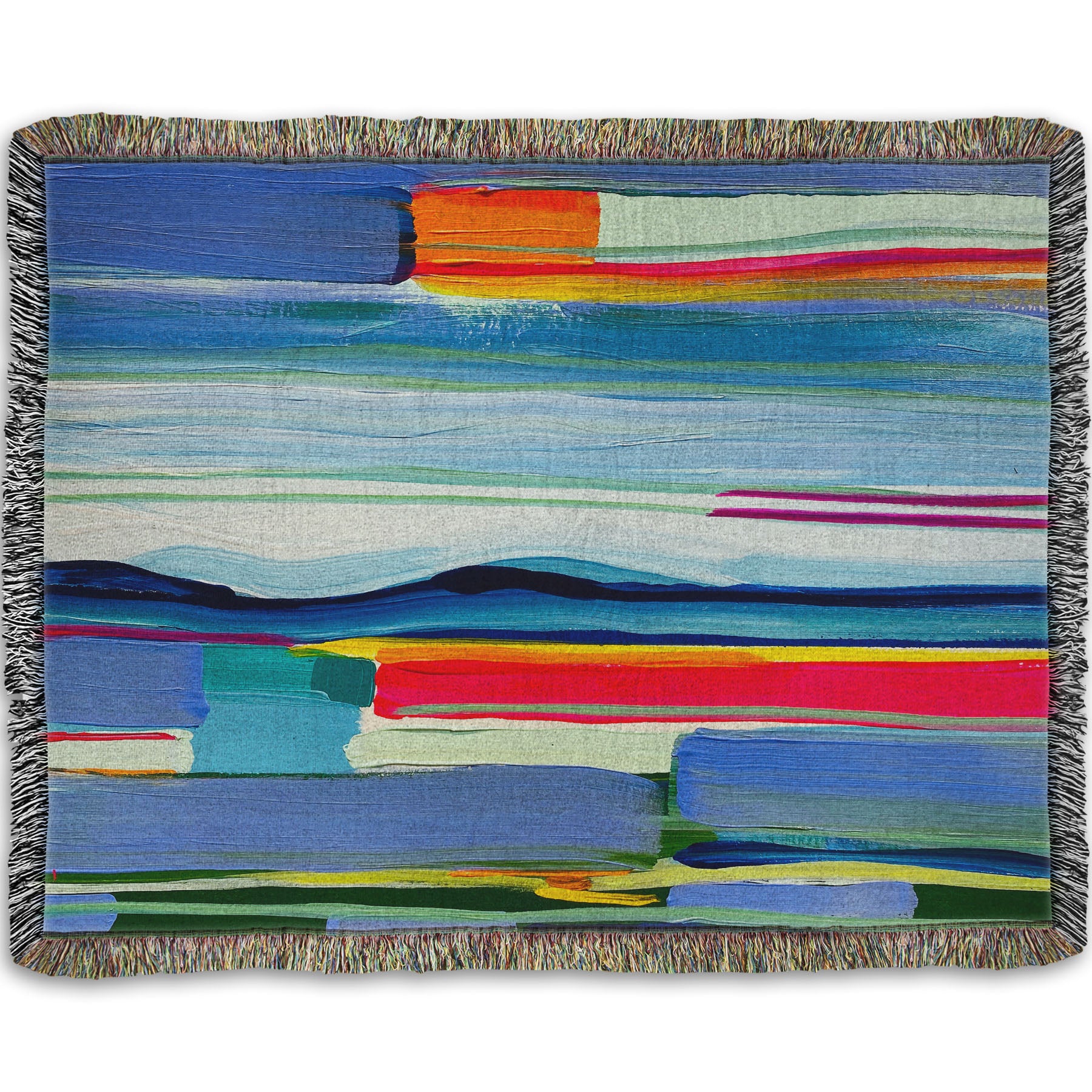 A woven throw blanket designed with an abstract painting of colorful horizontal lines. The blue and orange are reminiscent of a sun setting over the sea. 