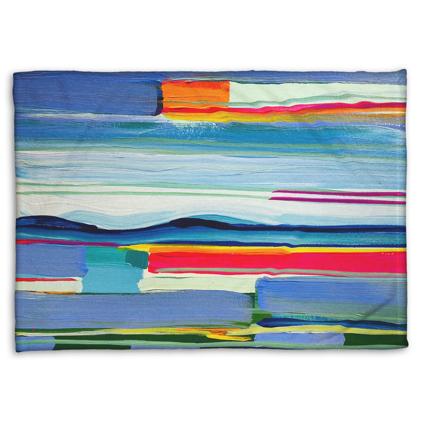 A coral fleece blanket designed with an abstract painting of colorful horizontal lines. The blue and orange are reminiscent of a sun setting over the sea. 
