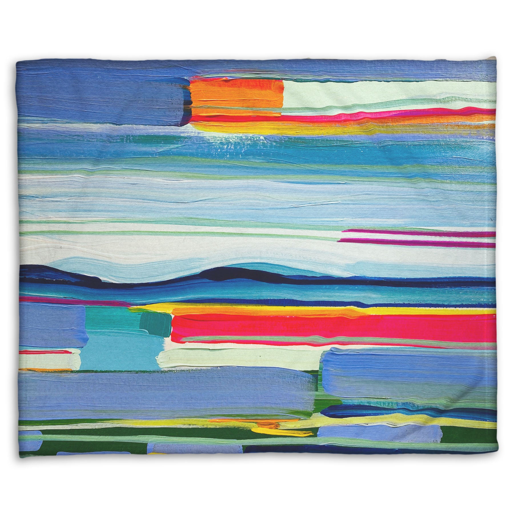 A woven throw blanket designed with an abstract painting of colorful horizontal lines. The blue and orange are reminiscent of a sun setting over the sea. 