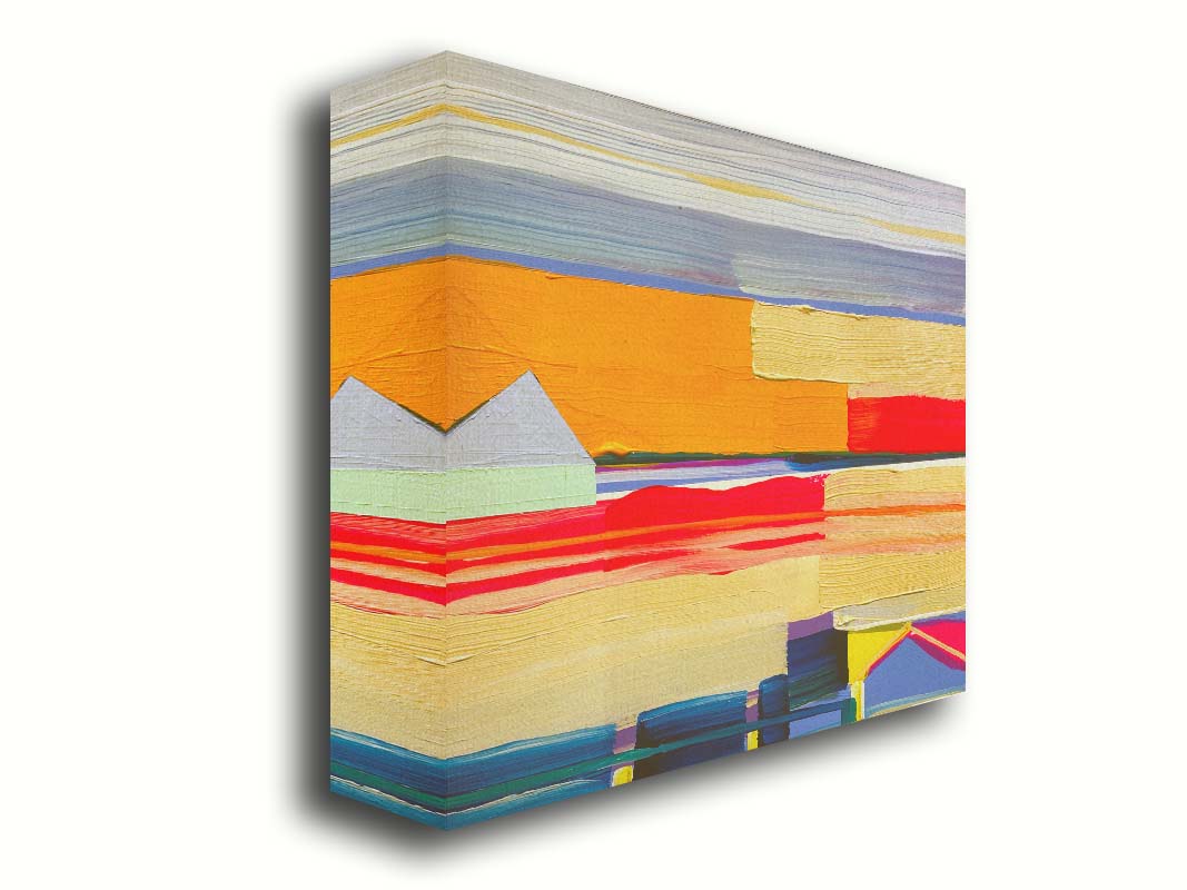 An abstract painting featuring yellow and orange horizontal lines, complimented by simple blue barn shapes. Printed on canvas.