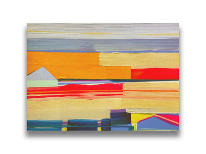 An abstract painting featuring yellow and orange horizontal lines, complimented by simple blue barn shapes. Printed on canvas.