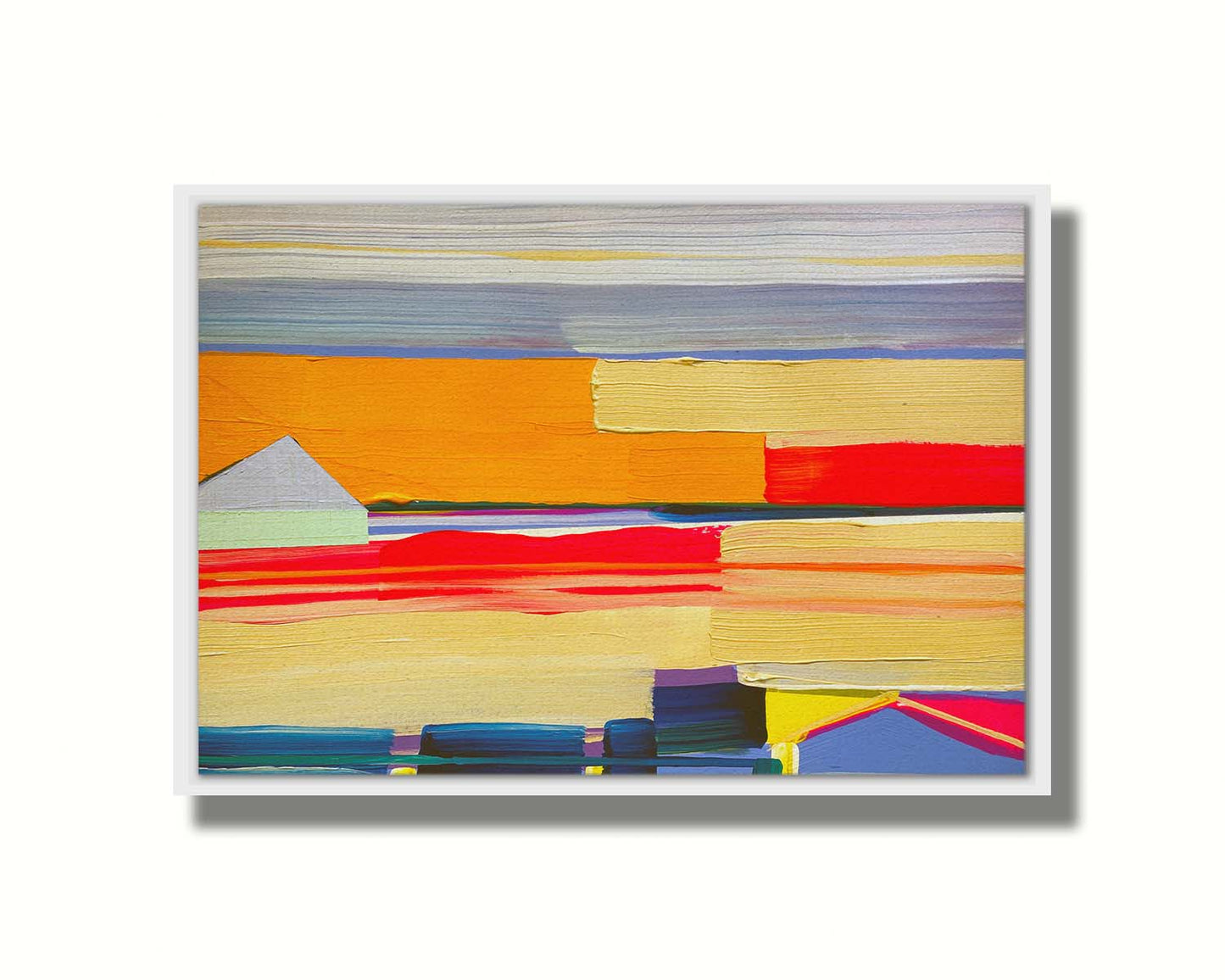 An abstract painting featuring yellow and orange horizontal lines, complimented by simple blue barn shapes. Printed on canvas in a float frame.