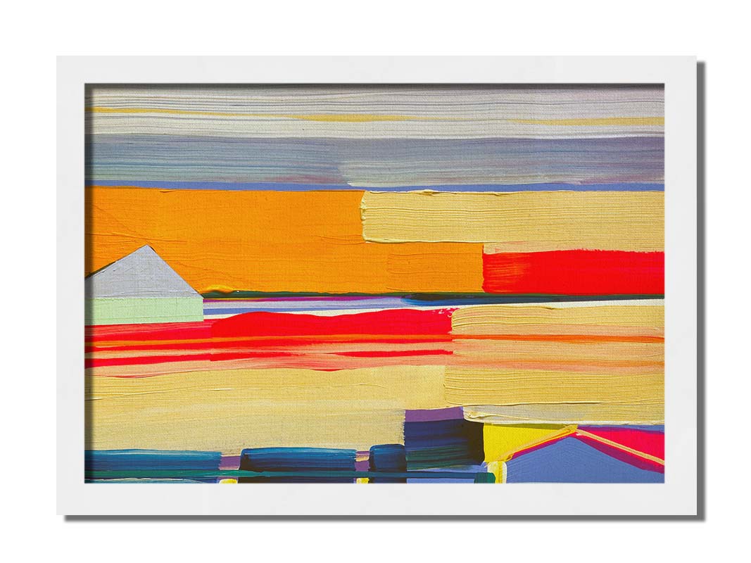 An abstract painting featuring yellow and orange horizontal lines, complimented by simple blue barn shapes. Printed on canvas and framed.