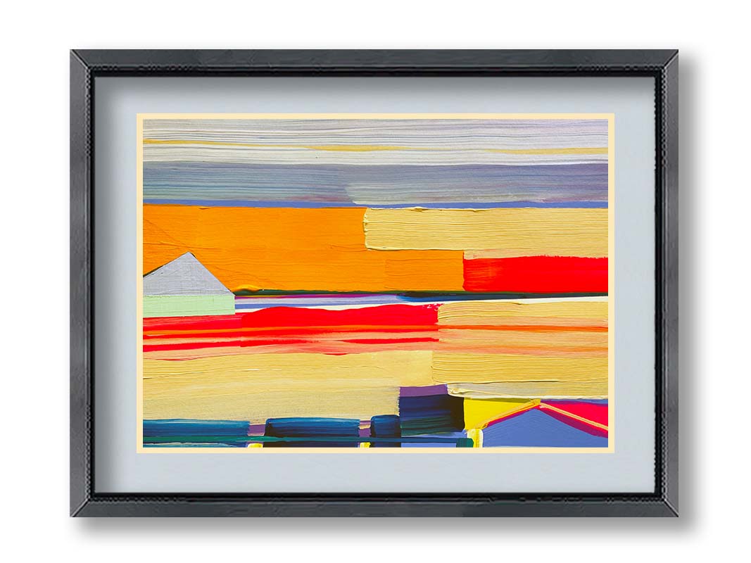 An abstract painting featuring yellow and orange horizontal lines, complimented by simple blue barn shapes. Printed on paper, matted, and framed.