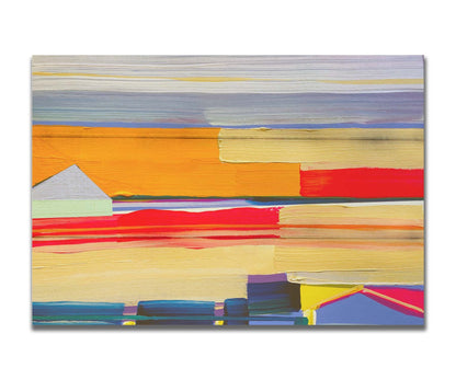 An abstract painting featuring yellow and orange horizontal lines, complimented by simple blue barn shapes. Printed on a box board.