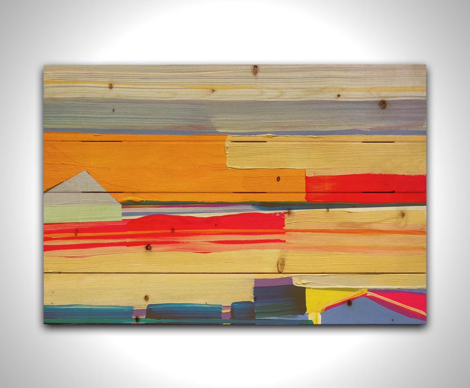 An abstract painting featuring yellow and orange horizontal lines, complimented by simple blue barn shapes. Printed on a wood pallet.