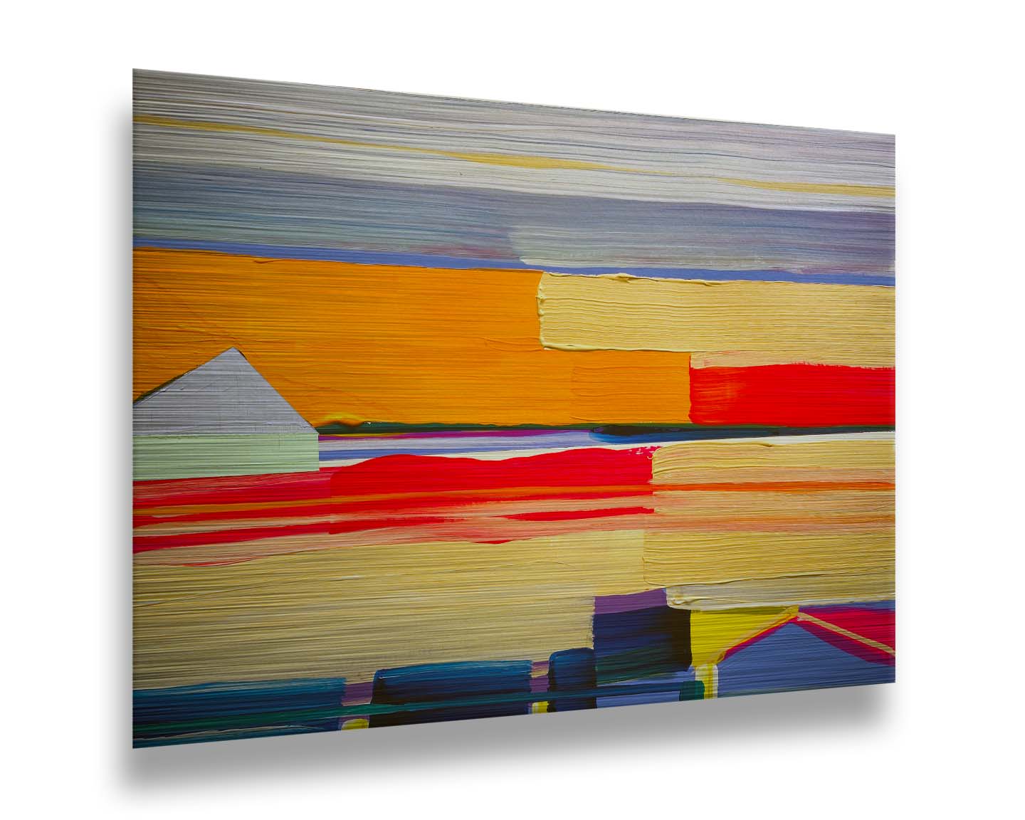 An abstract painting featuring yellow and orange horizontal lines, complimented by simple blue barn shapes. Printed on metal.