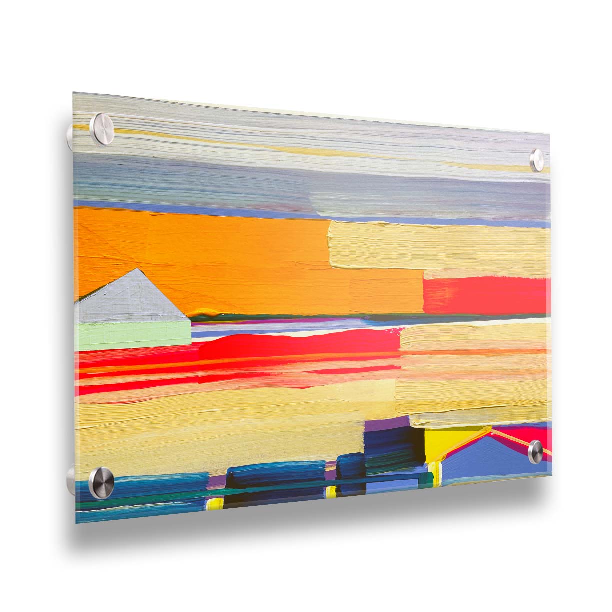 An abstract painting featuring yellow and orange horizontal lines, complimented by simple blue barn shapes. Printed on acrylic.