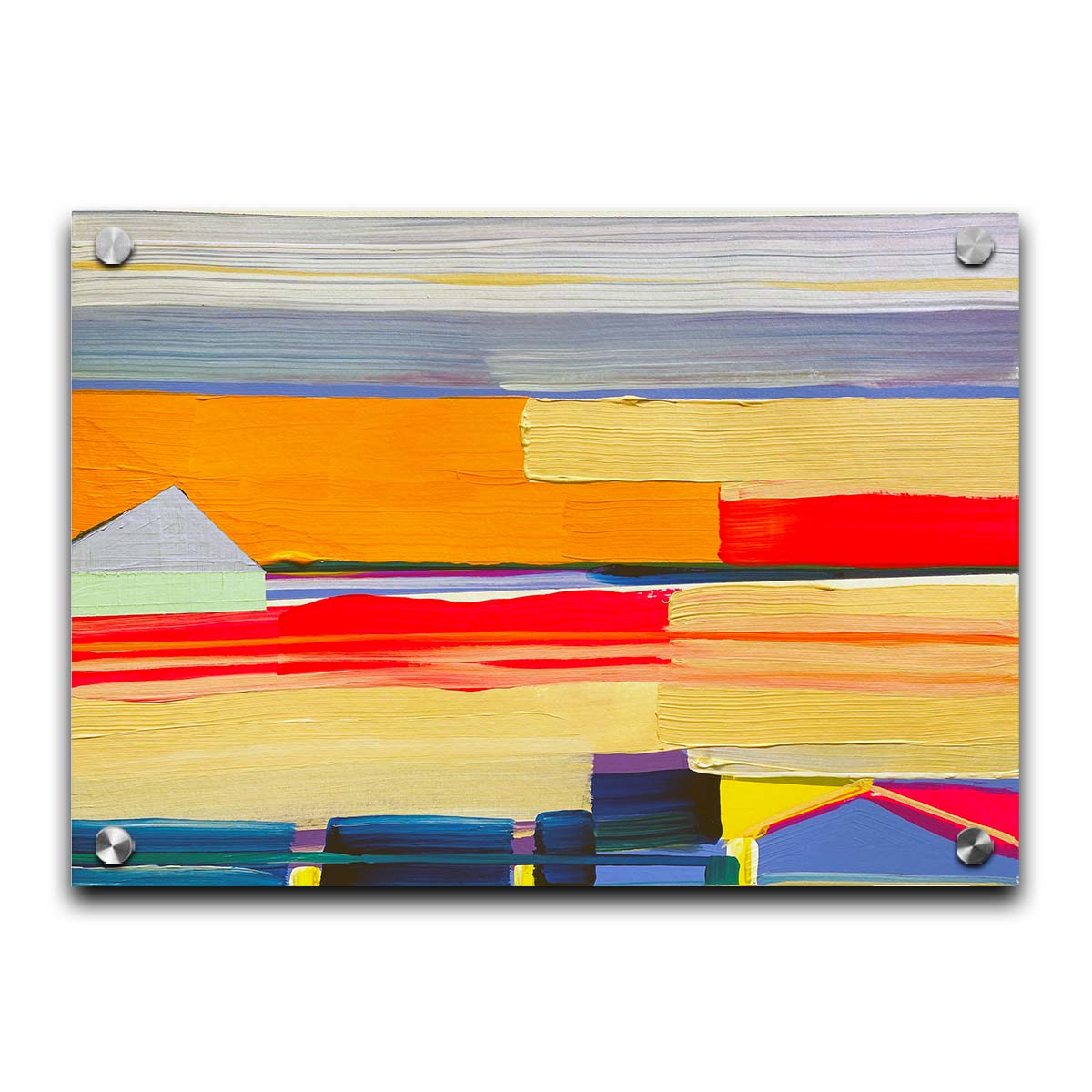 An abstract painting featuring yellow and orange horizontal lines, complimented by simple blue barn shapes. Printed on acrylic.