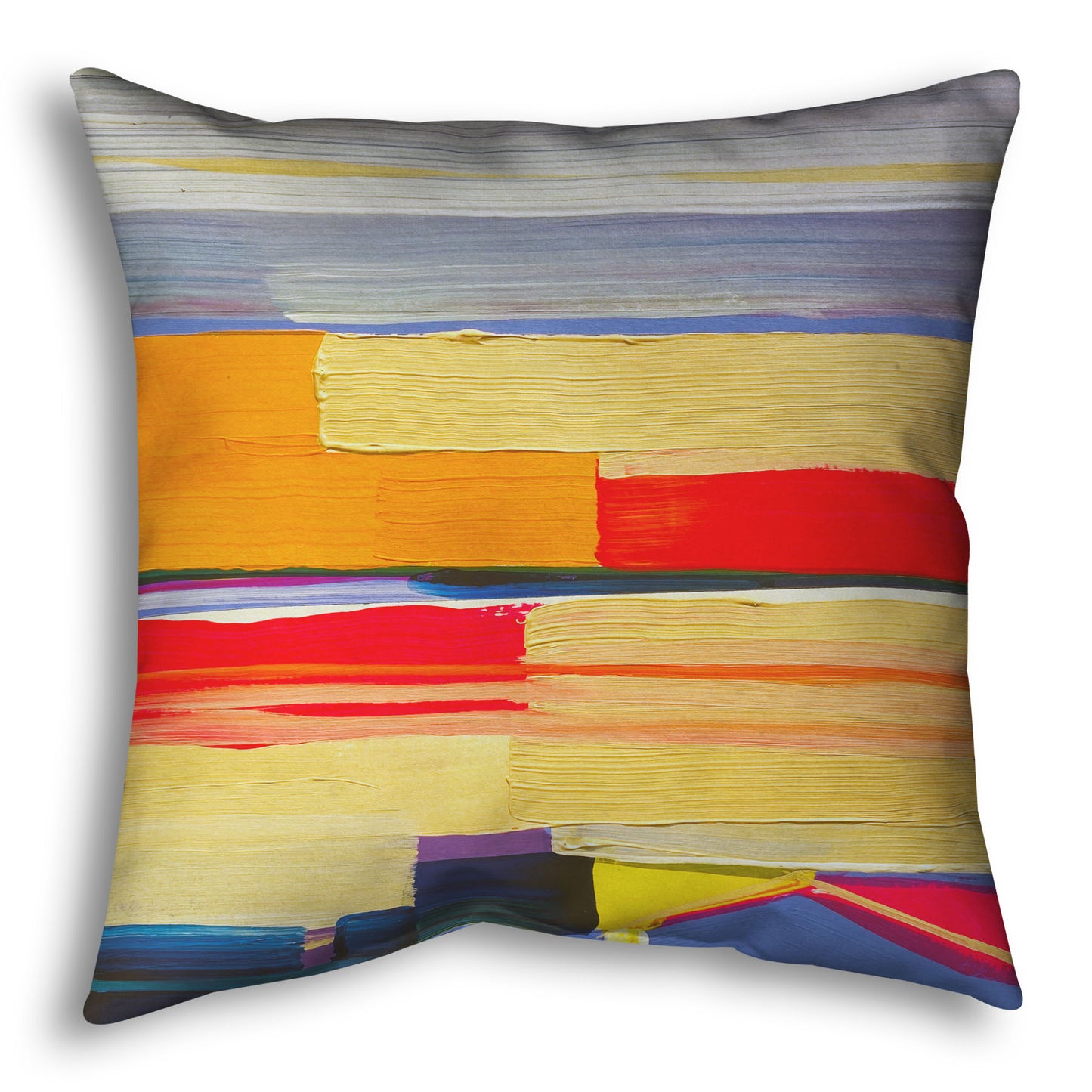 A throw pillow designed with an abstract painting featuring yellow and orange horizontal lines, complimented by simple blue barn shapes.