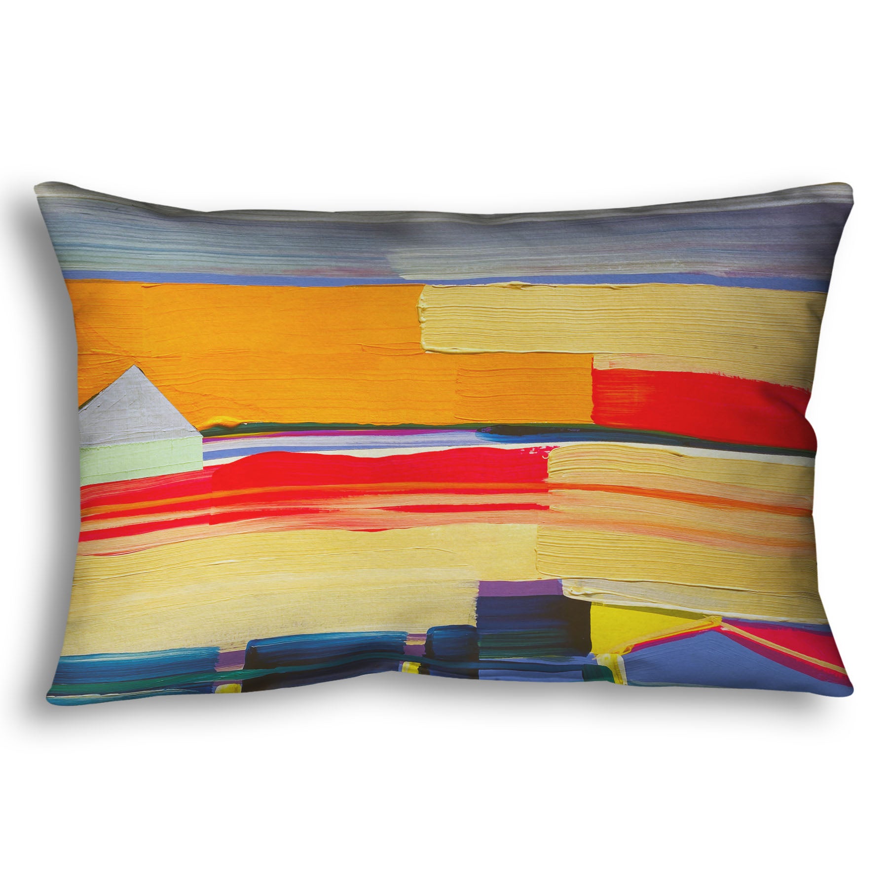 A throw pillow designed with an abstract painting featuring yellow and orange horizontal lines, complimented by simple blue barn shapes.