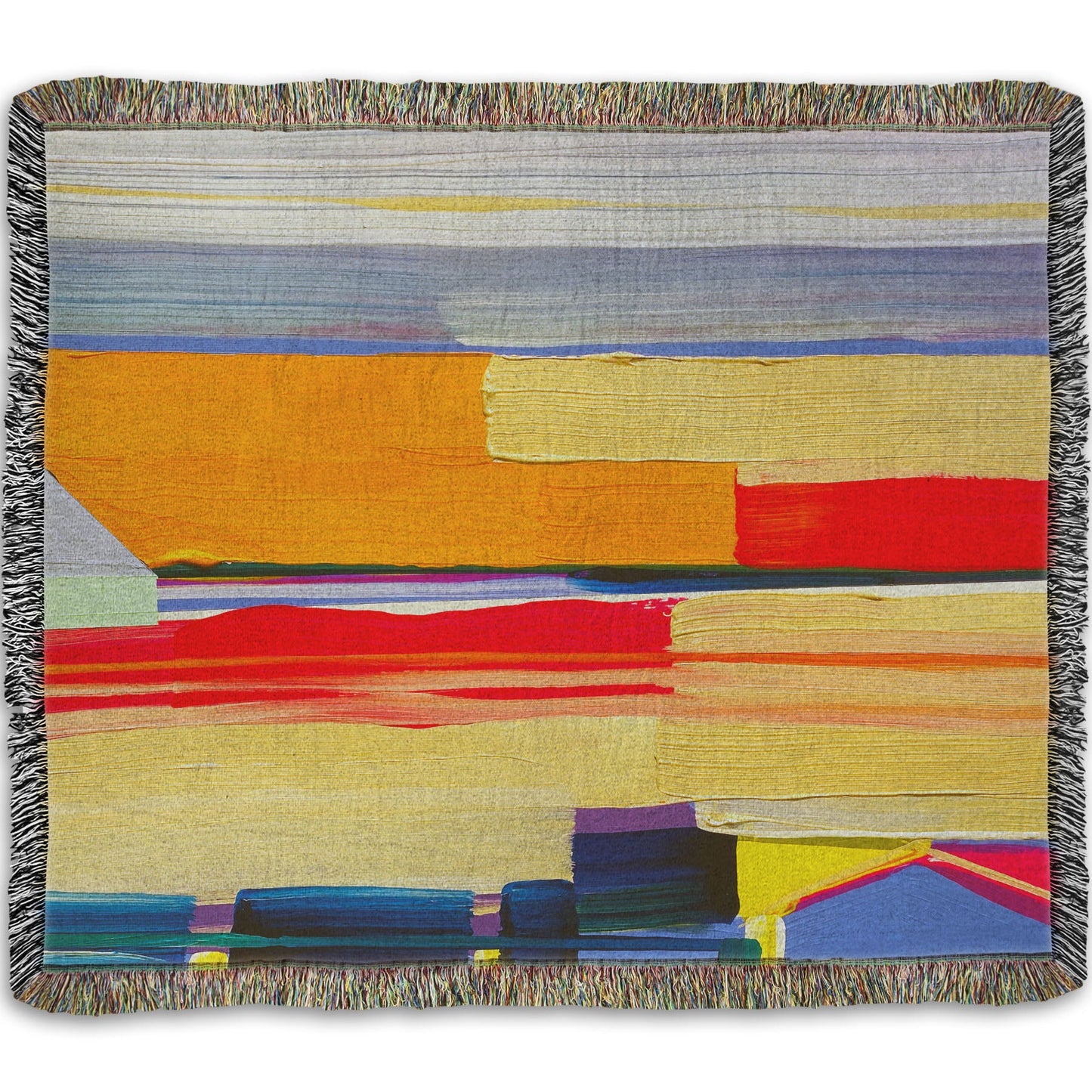 A woven throw blanket designed with an abstract painting featuring yellow and orange horizontal lines, complimented by simple blue barn shapes.