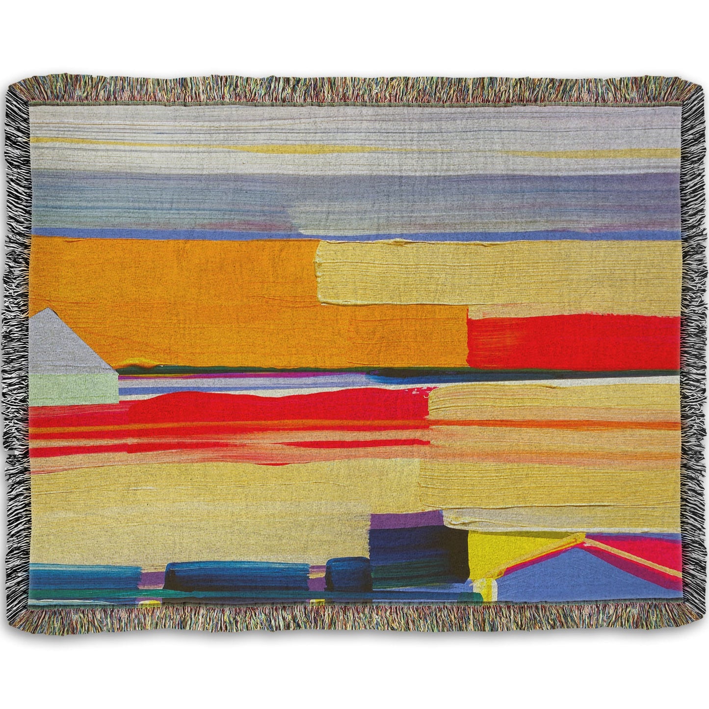A woven throw blanket designed with an abstract painting featuring yellow and orange horizontal lines, complimented by simple blue barn shapes.