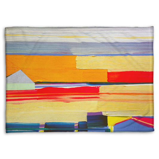 A coral fleece blanket designed with an abstract painting featuring yellow and orange horizontal lines, complimented by simple blue barn shapes.