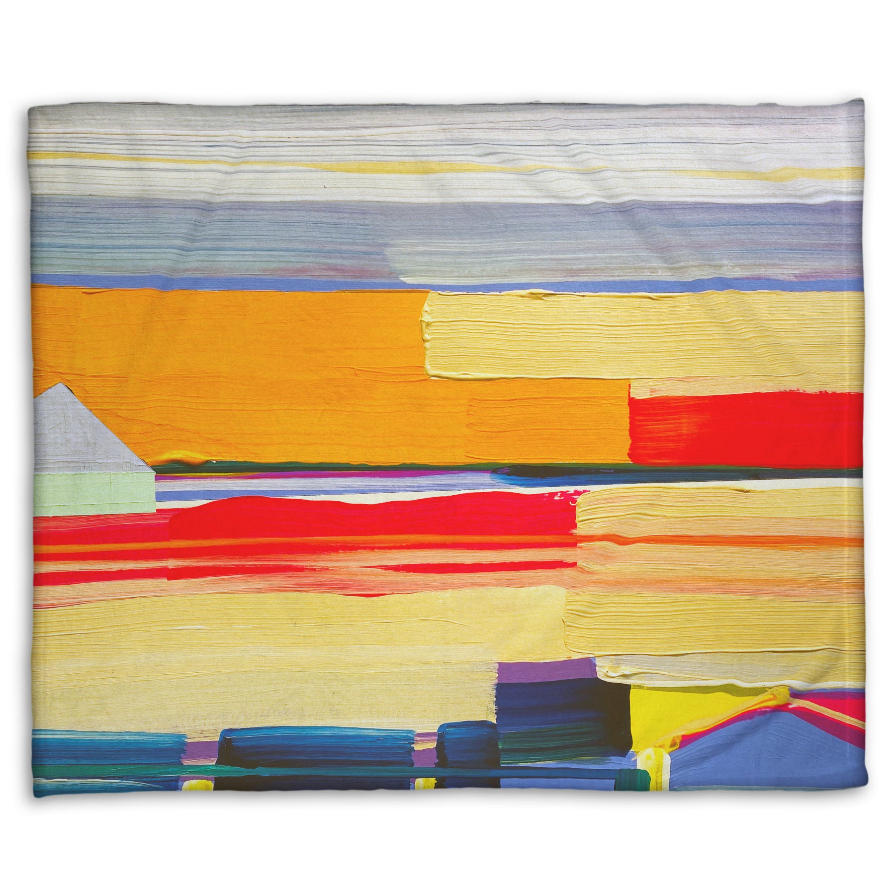 A coral fleece blanket designed with an abstract painting featuring yellow and orange horizontal lines, complimented by simple blue barn shapes.