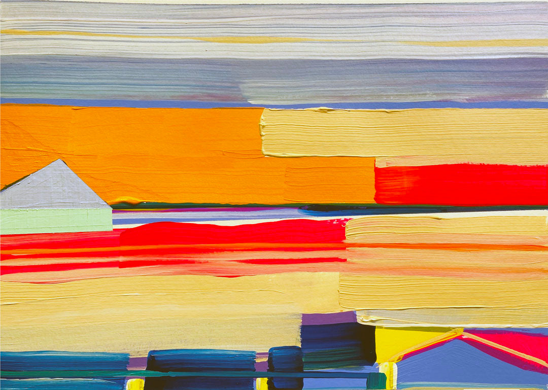 An abstract painting featuring yellow and orange horizontal lines, complimented by simple blue barn shapes.