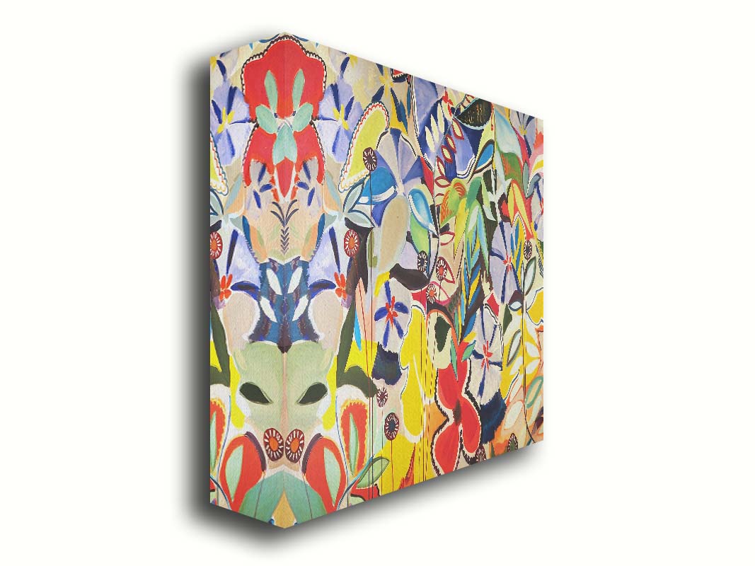 An abstract painting of a variety of flowers and leaves in vibrant, flat colors. Printed on canvas.