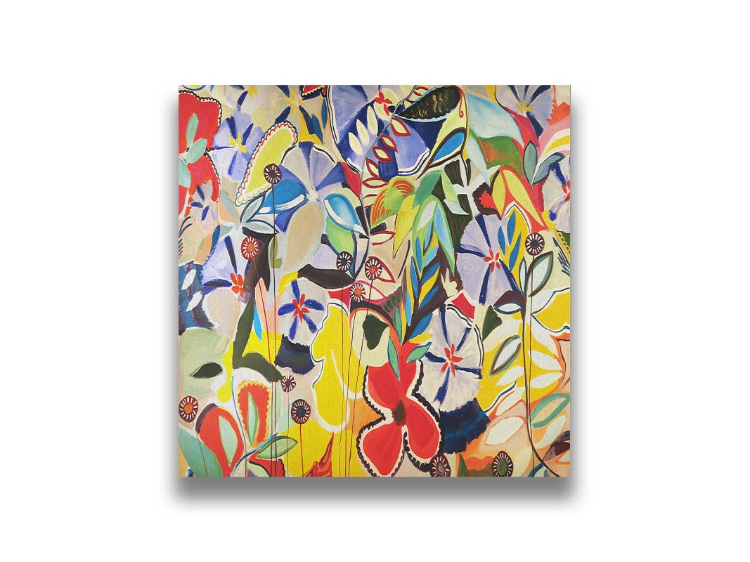 An abstract painting of a variety of flowers and leaves in vibrant, flat colors. Printed on canvas.