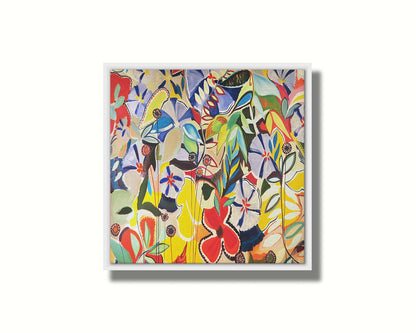 An abstract painting of a variety of flowers and leaves in vibrant, flat colors. Printed on canvas in a float frame.