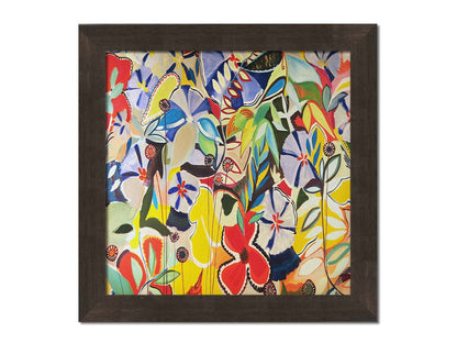 An abstract painting of a variety of flowers and leaves in vibrant, flat colors. Printed on canvas and framed.