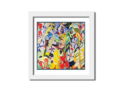 An abstract painting of a variety of flowers and leaves in vibrant, flat colors. Printed on paper, matted, and framed.